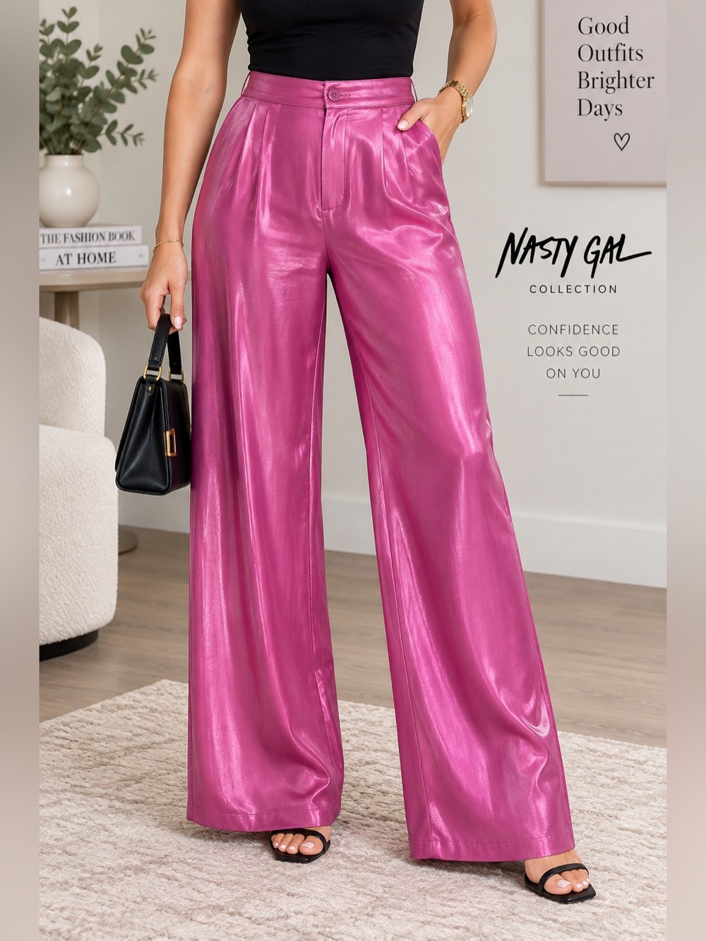 Nasty Gal Hot Pink Satin Shimmer Wide Leg Pants Size 8 NWT
